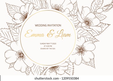 Wedding event RSVP invitation card template. Circle ring round wreath border frame with wild rose rosa canina cherry sakura flowers bloom blossom. Shiny golden text placeholder. Luxury style.