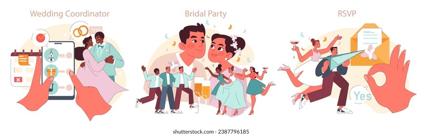 Wedding Events set. Bride and groom using wedding coordinator app, celebratory toast with friends, sending RSVP invitations. Moments of joy and planning. Flat vector illustration.