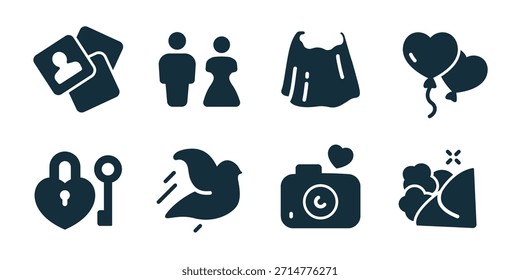 Wedding excellent icon collection. Set of marriage certificate, bride groom, wedding dress, heart balloons, love lock, dove, camera, landscape
