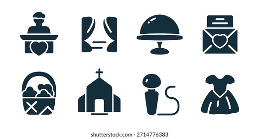 Boda excelente colección de iconos. Conjunto de discurso de boda, intercambio de anillo, cúpula de servicio, carta de amor, cesta de regalo, iglesia, micrófono, vestido de novia