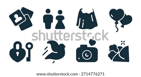 Wedding excellent icon collection. Set of marriage certificate, bride groom, wedding dress, heart balloons, love lock, dove, camera, landscape