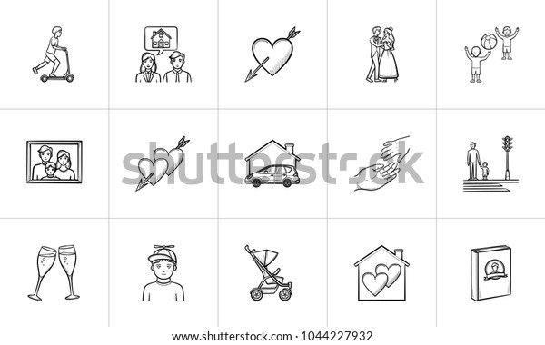 Wedding and family hand\
drawn outline doodle icon set for print, web, mobile and\
infographics. Family vector sketch illustration set isolated on\
white background.
