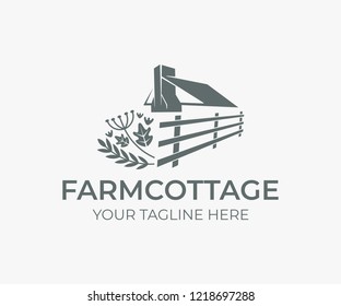 Wedding Farm Cottage, Roof And Chimney With Fence And Herbs, Logo Design. House Or Home Rustic, Rural Scene And Countryside, Vector Design And Illustration