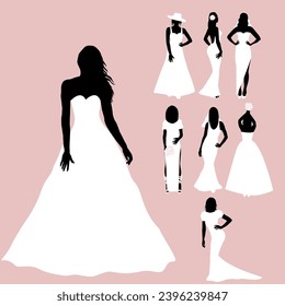 Tarjeta de moda de bodas con siluetas de novias en diferentes vestidos