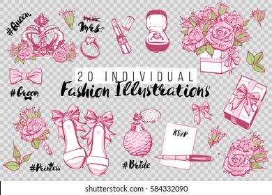 Wedding Fashion patches and stickers elements and separated illustrations: Bride, Groom, Queen hashtag, flowers, shoes, lipstick, bow, ring box, gift, pen, perfume, crown. Vector art, watercolor style