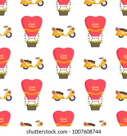 Wedding fashion transportation auto seamless pattern background ceremony bride transport romantic groom marriage love automobile vector illustration.