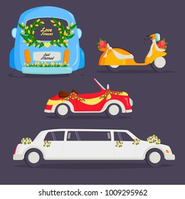 Wedding fashion transportation traditional auto expensive retro ceremony bride transport and romantic groom marriage beauty love automobile vector illustration.