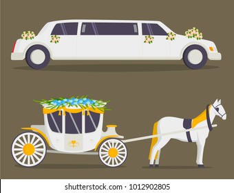 Wedding fashion transportation traditional auto expensive retro ceremony bride transport and romantic groom marriage beauty love automobile vector illustration.