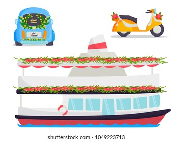 Wedding fashion transportation traditional auto expensive retro ceremony bride transport and romantic groom marriage beauty love automobile vector illustration.