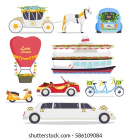 Wedding fashion transportation traditional auto expensive retro ceremony bride transport and romantic groom marriage beauty love automobile vector illustration.