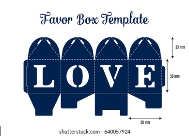 Wedding favor box laser cut template. Gift box with text LOVE. DIY table decoration for a wedding, birthday, baby shower and another party. Wedding Layout for laser cutting