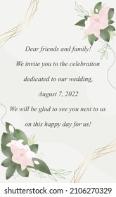 Wedding festive invitation, greeting card for the celebration. Map template. Save the date. Flowers in delicate pastel colors and golden elements.