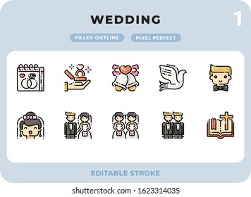 Wedding Filled Icons Pack for UI. Editable Stroke. Pixel perfect thin line vector icon set for web design and website application.
