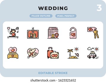 Wedding Filled Icons Pack for UI. Editable Stroke. Pixel perfect thin line vector icon set for web design and website application.
