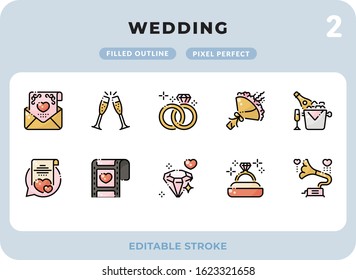 Wedding Filled Icons Pack for UI. Editable Stroke. Pixel perfect thin line vector icon set for web design and website application.
