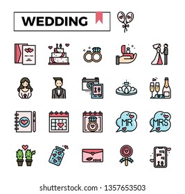 Wedding filled outline icon set.