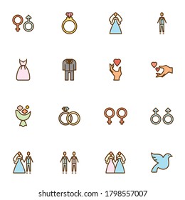 Juego de iconos de contorno rellenos de bodas, colección de símbolos de vector de línea, paquete de pictogramas de color lineal. Carteles, ilustración del logo, Set incluye íconos como vestido de novia, esposa y marido, novio y novia, flores