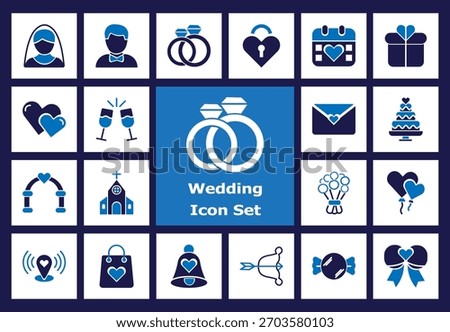 Wedding flat color icon set: rings, bride, groom, cake, calendar, and gifts. Essential romantic vector graphics for event planning and celebration themes.