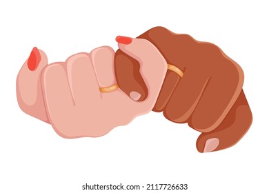 Ilustración vectorial de color plano de casamiento. Compromiso romántico. Manteniendo las manos con el anillo de oro en el dedo. Amor, concepto romántico. Diseño plano. Imprimir, afiche, tarjeta.