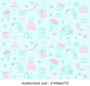 Wedding flat colorful seamless pattern with wedding dress, shoes, wedding cake, flowers, rings, balloons for wallpapers, wrapping, textile prints, backgrounds, postcards. Pattern for valentine day