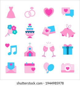 Wedding flat icon set in pink and blue color
