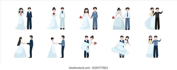 Wedding flat illustration set. Include of ceremony, happy, heart, and marriage. Vector illustration isolated.