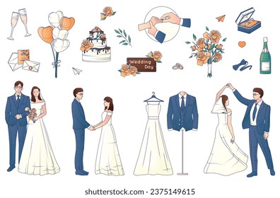 Ilustración vectorial aislada del conjunto de líneas planas de casamiento