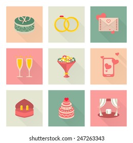 Wedding flat vector icons, gift, rings, envelope, wine glasses, bouquet, phone, cake and altar