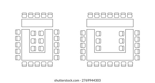 Wedding floor map or seat plan onwhite background. Table seating arrangement for conference, banquet, classroom. Graphic layout scheme for cafe, restaurant. Vector illustration. 