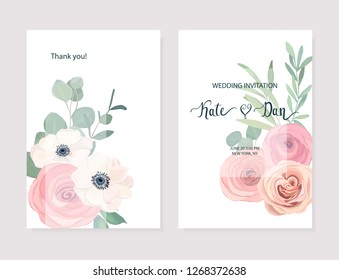 Wedding floral card. Celebration template set. Watercolor style. Vector illustration