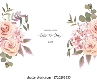 Wedding floral card. Greeting background with rose, hortensia, eucalyptus branch, leaves on white background. Vector illustration