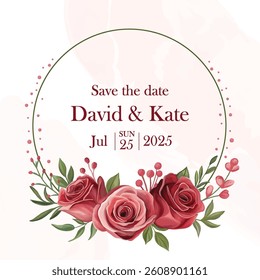Wedding floral circular frame with elegant red roses, perfect for romantic invitations, greeting cards, and decorative design elements