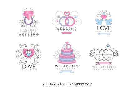 Wedding Floral Decorative Logo Design with Swirling Elements Vector Set