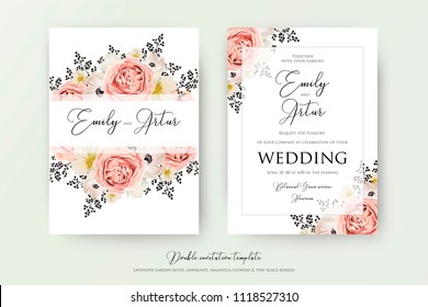 Wedding floral double watercolor invite, invitation, save the date card design. Pink peach garden rose, white anemones, magnolia flowers & black berries, transparent decorative border. Vector template