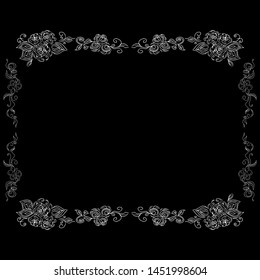 Wedding floral frame in vintage style isolated on black background. Nature illustration. Wedding pattern. Vector vintage illustration. Floral frame design.