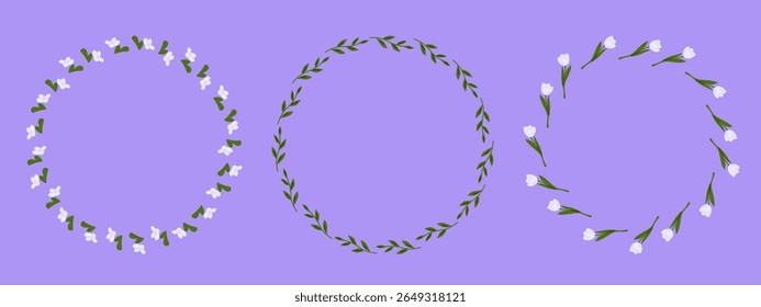 Wedding Floral Frame Wreath Set. Three floral wedding wreaths with white flowers and green leaves. Hand-drawn flat style, pastel colors, isolated on purple background.