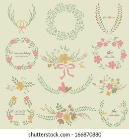 Wedding floral frames with beautiful flowers, laurels and bows. Wedding invitation
