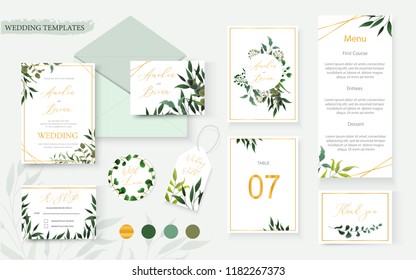 Wedding floral gold invitation card envelope save the date rsvp menu table label design with green tropical leaf herbs eucalyptus wreath frame. Botanical decorative vector template watercolor style