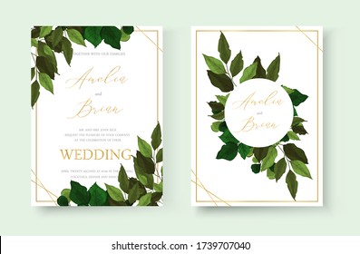 Wedding floral gold invite card save the date design with green tropical leaf herbs wreath and frame. Botanical elegant decorative vector template watercolor style