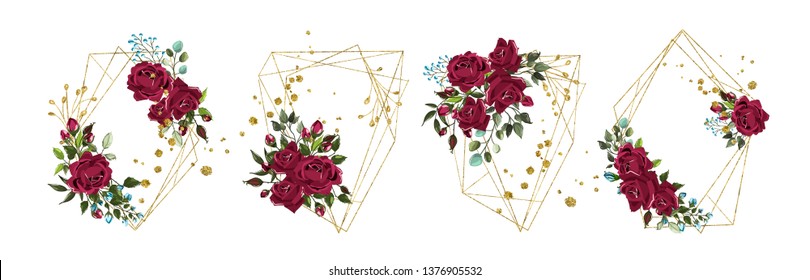 Wedding floral golden geometric triangular frame with bordo flowers roses and green leaves isolated on white background. Botanical decorative vector illustration for invitation card save the date