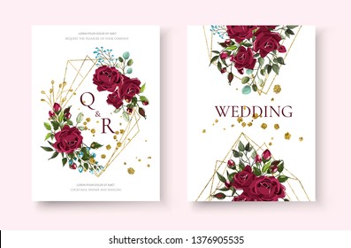 Wedding floral golden geometric triangular frame invitation card save the date design with bordo flowers roses and green leaves wreath. Botanical elegant decorative vector template in watercolor style