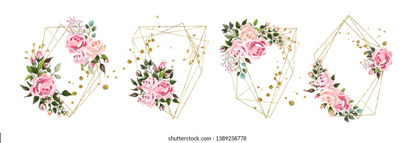 Wedding floral golden geometric triangular frame with pink flowers roses and green leaves isolated on white background. Botanical decorative vector illustration for invitation card save the date