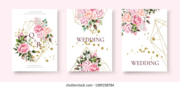 Wedding floral golden geometric triangular frame invitation card save the date design with pink flowers roses and green leaves wreath. Botanical elegant decorative vector template in watercolor style Wedding floral golden geometric triangular frame invitation card save the date design with pink flowers roses and green leaves wreath. Botanical elegant decorative vector template in watercolor style
