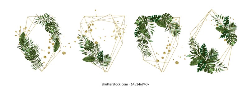 Wedding floral golden geometric triangular frame with tropic exotic greenery monstera palm leaves herbs wreath. Botanical decorative vector illustration for invitation card save the date