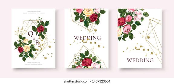 Wedding floral golden geometric triangular frame invitation card save the date design with pink red yellow flowers roses green leaves wreath. Botanical elegant decorative vector illustration