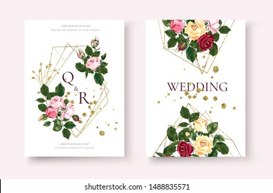 Wedding floral golden geometric triangular frame invitation card save the date design with pink red yellow flowers roses green leaves wreath. Botanical elegant decorative vector illustration