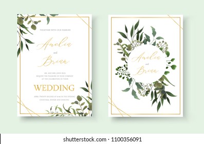 Wedding floral golden invitation card save the date design with green tropical leaf herbs eucalyptus wreath and frame. Botanical elegant decorative vector template watercolor style