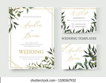 Wedding floral golden invitation card save the date rsvp design with green tropical leaf herbs eucalyptus wreath and frame. Botanical elegant decorative vector template watercolor style