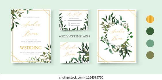 Wedding floral golden invitation card save the date rsvp design with green tropical leaf herbs eucalyptus wreath and frame. Botanical elegant decorative vector template watercolor style