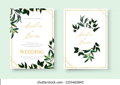 Wedding Floral Golden Invitation Card Save The Date Design With Green Tropical Leaf Herbs Wreath And Frame. Botanical Elegant Decorative Vector Template Watercolor Style